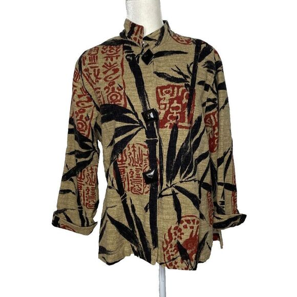 Painted Pony Jacket Bamboo Asian Print Made USA mandarin collar large buttons - Picture 1 of 7